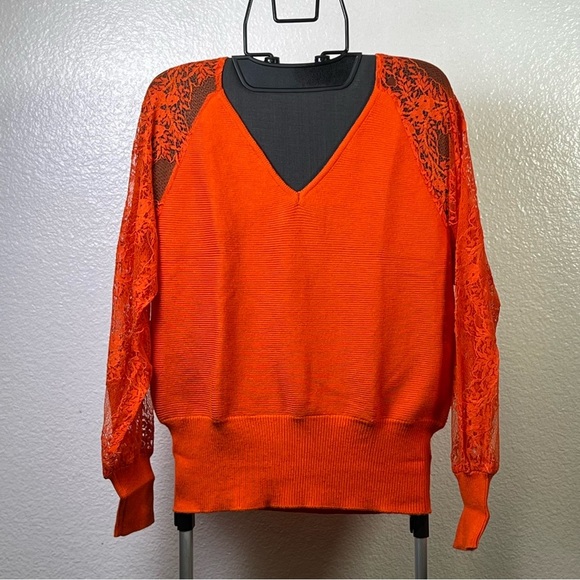 None Sweaters - Vibrant Orange V-Neck Sweater with Lace Detail